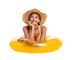 Joyful summer fun with a woman in a yellow pool float png