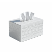 White tissue box with embossed pattern and a tissue partially pulled out on a transparent background png