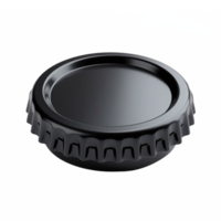 Black plastic bottle cap with ridged edge and smooth top surface no background clipart png