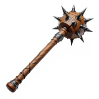 Detailed wooden mace with sharp metal spikes and ergonomic handle on transparent background png