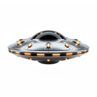 Futuristic Flying Saucer UFO with Metallic Surface and Glowing Lights Transparent Background png