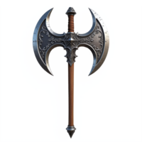 Detailed ornate double-sided battle axe with carved steel blades and wooden handle in high resolution transparent background png