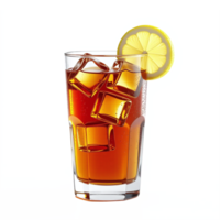 Cold Iced Tea with Lemon Slice and Ice Cubes in Transparent Glass on a Black Background with Clipping Path png