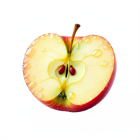 Cross-section of a fresh red apple with seeds and water droplets on transparent background png
