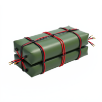 Pair of green lithium-ion battery packs with black and red wiring on transparent background no shadows png