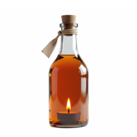 Glass bottle with candle lantern design and wooden cork stopper with jute string and fabric accent transparent background png
