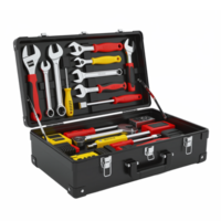 Open toolbox with various hand tools including wrenches screwdrivers and measuring instruments on transparent background png