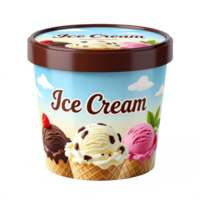 of Ice Cream Container with Chocolate Vanilla and Strawberry Flavors with Transparent Clipping Path png