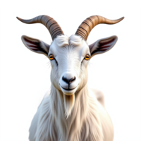 Detailed illustration of a goat with curved horns and golden eyes on transparent background png