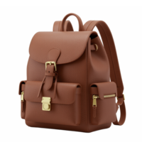 Brown Leather Backpack with Multiple Pockets and Gold Hardware for Travel and Daily Use no background png