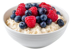 Delicious Bowl of Oatmeal with Fresh Raspberries and Blueberries on a Transparent Background png