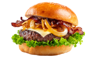 Delicious Burger with Crispy Bacon Lettuce Cheese and Onion Transparent Background png
