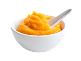 Smooth Carrot Puree in White Bowl with Spoon Isolated on Transparent Background png