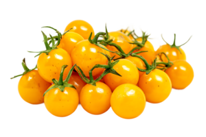 Pile of Golden Cherry Tomatoes with Stems on Transparent Background Isolated png