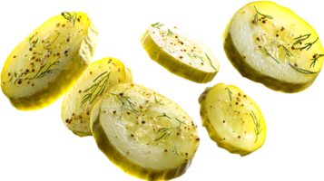 Floating Slices of Dill Pickles Pickled Cucumber Food Transparent Background Isolated Object png