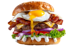 Delicious Double Cheeseburger with Fried Egg Bacon Onion Tomato Lettuce Isolated on Transparent Background png