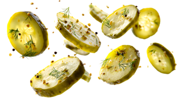 Slices of Pickled Cucumbers in Transparent Background with Dill and Spices png