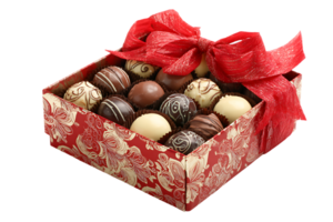 Delicious Assorted Chocolates in Decorative Box with Red Ribbon Isolated on Transparent Background png