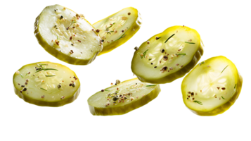 Five Slices of Pickles with Herbs and Spices Floating on Transparent Background png