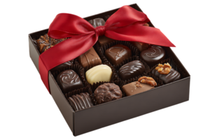 Delicious Assorted Chocolates in a Box with Red Ribbon on Transparent Background png