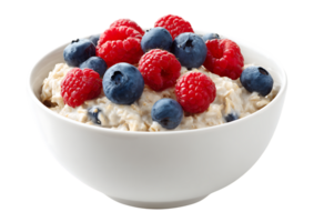 Delicious Oatmeal with Fresh Raspberries and Blueberries in a White Bowl on White png