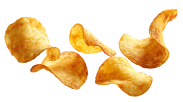 Crispy Delicious Golden Potato Chips Floating Isolated on Transparent Background Stock Image png