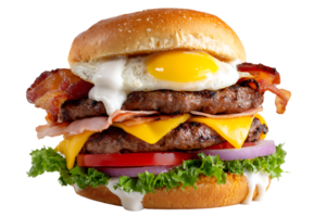 Delicious Burger with Egg and Bacon on Transparent Background Isolated Image png
