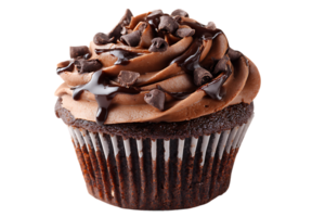 Delicious Chocolate Cupcake with Chocolate Chips and Chocolate Sauce Isolated On Transparent png