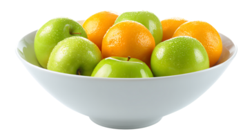 Fresh Apples and Oranges in a White Bowl Transparent Background Isolated png