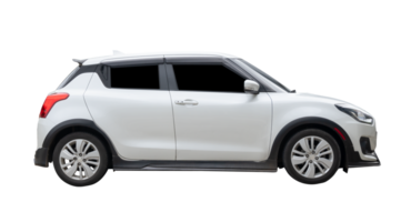 Right side view of mini or small white hatchback car isolated with clipping path in file format png