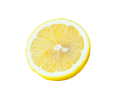Ripe yellow lemon fruit in one slice in circle with seed isolated with clipping path in file format png