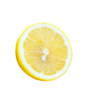 Front view of ripe yellow lemon fruit in one slice in circle with seed isolated with clipping path in file format png