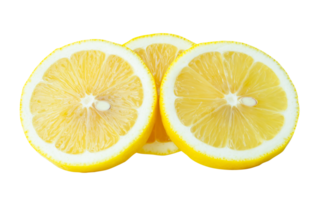 Top view of ripe yellow lemon fruit in three slices with seeds in stack isolated with clipping path in file format png