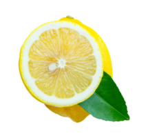 A whole and half with green leaf of ripe yellow lemon fruit in stack isolated with clipping path in file format png