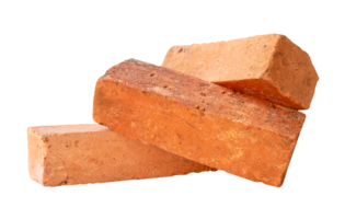 Three cracked old red or orange bricks in stack isolated with clipping path in file format png