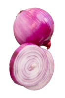 A whole and two slices of peeled red or purple Spanish onion in circle shape and one bulb in stack isolated on white background with clipping path in file format png