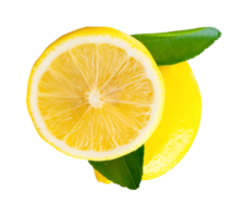 A whole and half with green leaves of ripe yellow lemon fruit isolated with clipping path in file format png