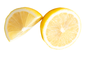 A quarter and half of ripe yellow lemon fruit in stack isolated with clipping path in file format png