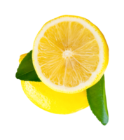 Front view of yellow lemon fruit with half and green leaves isolated with clipping path in file format png