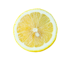 Front view or top view of ripe yellow lemon fruit in one half with seed isolated with clipping path in file format png