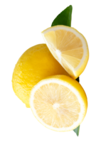A quarter and half with whole fruit and green leaves of ripe yellow lemon fruit in stack isolated with clipping path in file format png