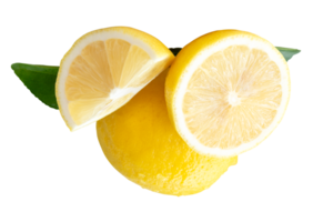Top view of yellow lemon fruit with half slices and green leaves in stack isolated with clipping path in file format png