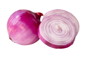 Fesh peeled red or purple Spanish onion in two slices in circle shape and one bulb in stack isolated on white background with clipping path in file format png