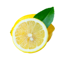 Front view and side view of yellow lemon fruit with half or slice and green leaf in stack isolated with clipping path in file format png