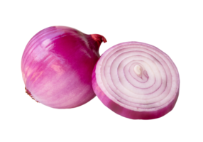 Peeled red or purple Spanish onion in one slice in circle shape and one bulb in stack isolated with clipping path in file format png