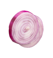 Fresh peeled red or purple Spanish onion in two slices in circle shape in stack isolated with clipping path in file format png