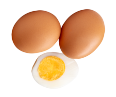 Top view of chicken eggs and cooked or boiled chicken egg with egg yolk in half isolated with clipping path in file format png