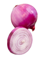 Fesh peeled red or purple Spanish onion in one slice in circle shape and one bulb in stack isolated with clipping path in file format png