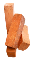 A vertical heap of four cracked old red or orange bricks isolated with clipping path in file format png