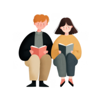 Reading couple enjoying books together in calm atmosphere, sharing love and connection png